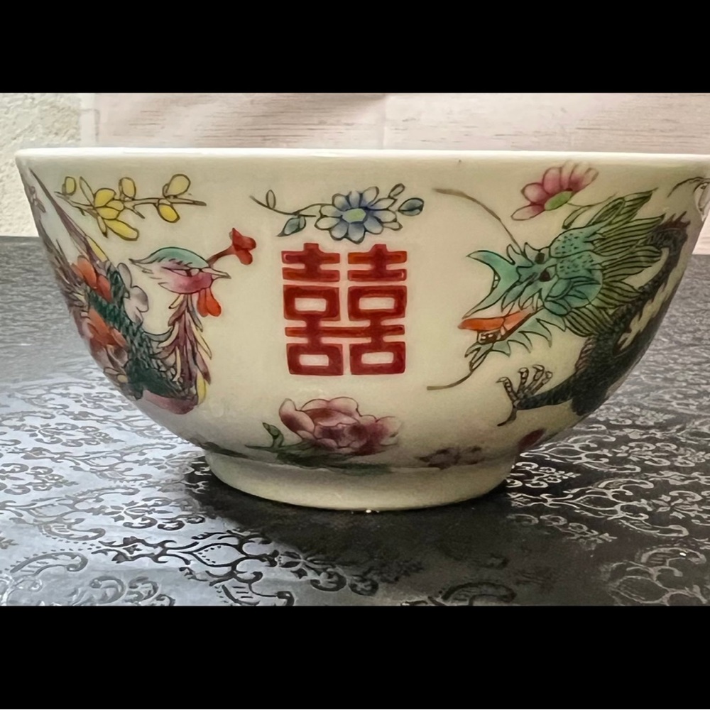 Vintage Chinese Dragon, Phoenix, and Floral Hand Painted Bowl